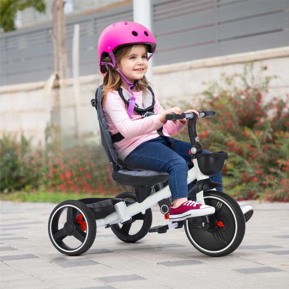 6-in-1 Baby Tricycle, Folding Kids Trike with Adjustable Parent Handle, Safety Harness, Wheel Brakes, and Removable Canopy