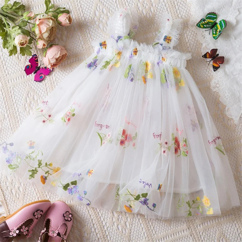 6M-5Y Summer Toddler Kid Baby Girls Tulle Dress Sweet Embroidery Flower Princess Dress for Girls Party Beach Holiday Clothing