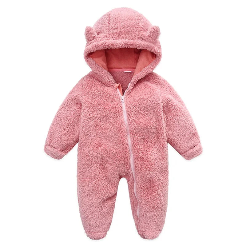 Baby Plush Rompers Autumn Newborn Boys Girls Long Sleeve Hooded Zipper Closure Jumpsuits Winter Warm Toddler Infant Outfits