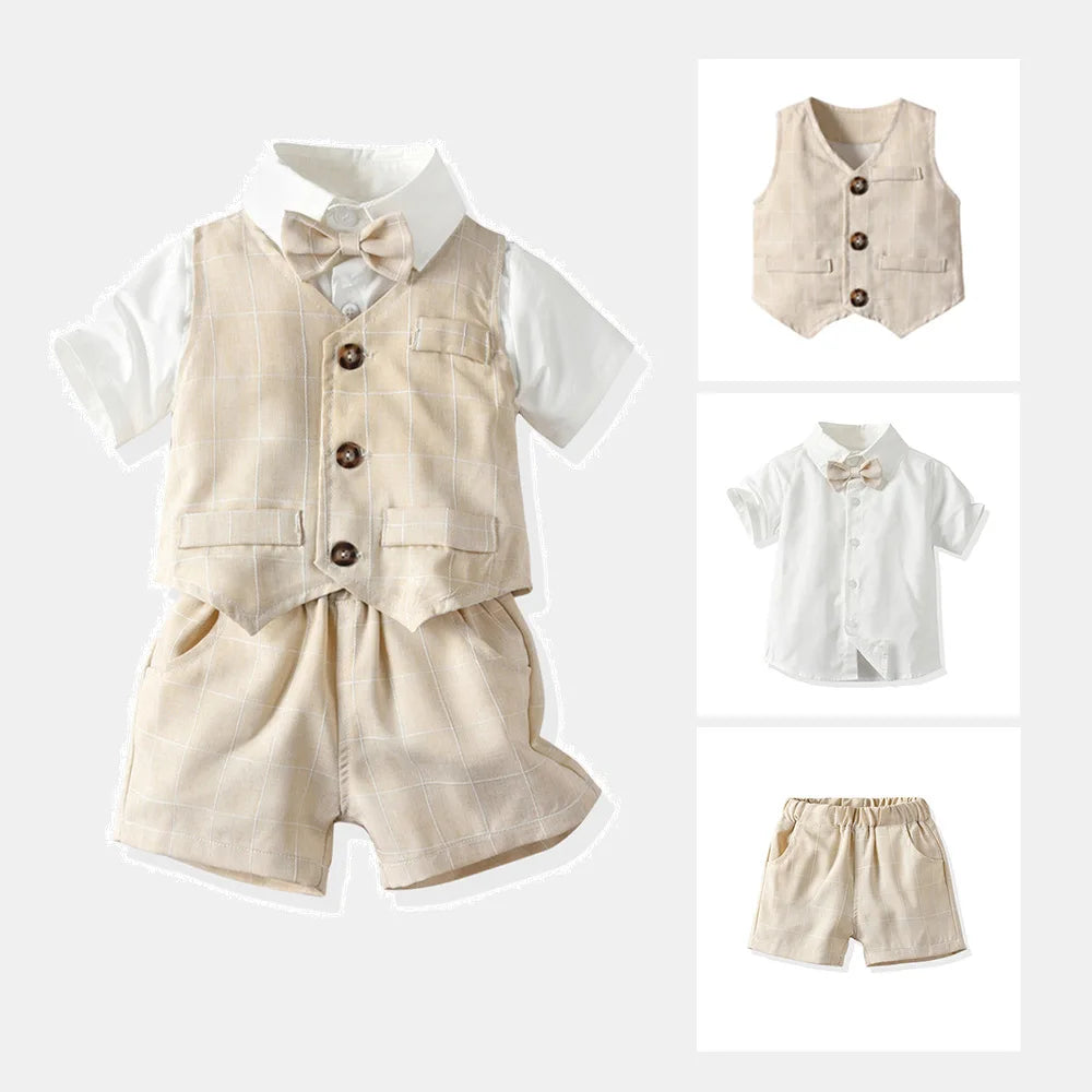 Summer New Children's Clothing European and American Striped Gentleman and Gentleman Short-sleeved Bow Slim Suit, Wholesale Deli