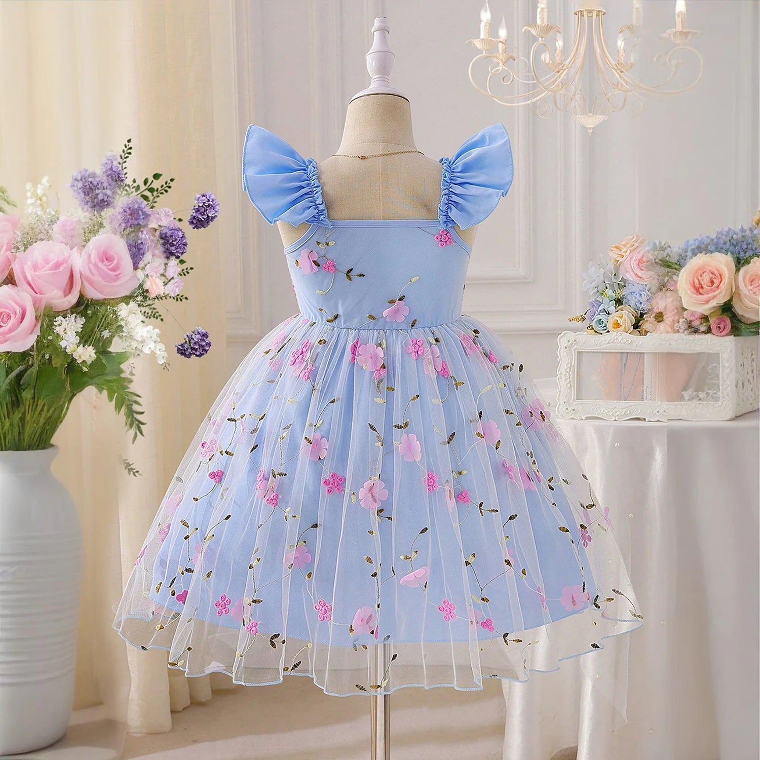 Baby Girls Summer Dresses for 3-8 Yrs Casual Embroidery Lace Mesh Princess Fairy Dress Kids Birthday Party Easter Dress for Girl