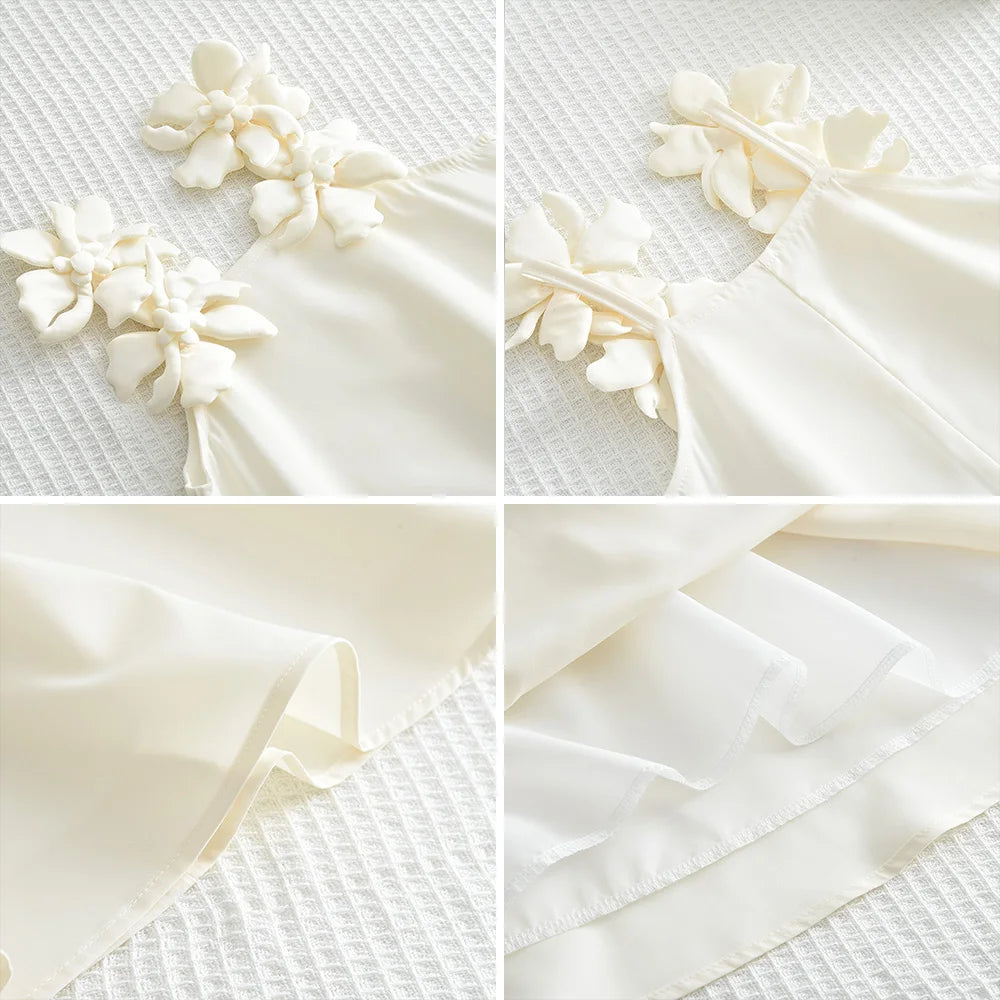 2025 Summer New Korean Version Baby Girl Casual Solid Color Dress White 3D Flower Decoration Fashion Temperament Princess Dress