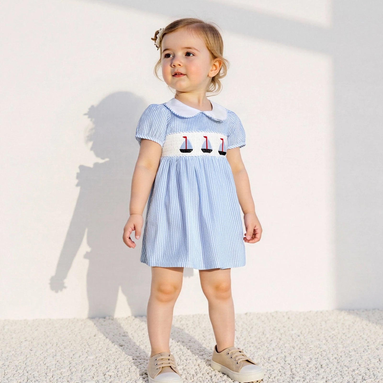 FOCUSNORM 0-7Y Little Kids Girls Summer Dress Short Puff Sleeve Stripe Print Sailing Embroidery Doll Collar A-Line Dress