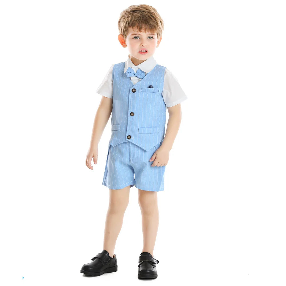 Summer New Children's Clothing European and American Striped Gentleman and Gentleman Short-sleeved Bow Slim Suit, Wholesale Deli
