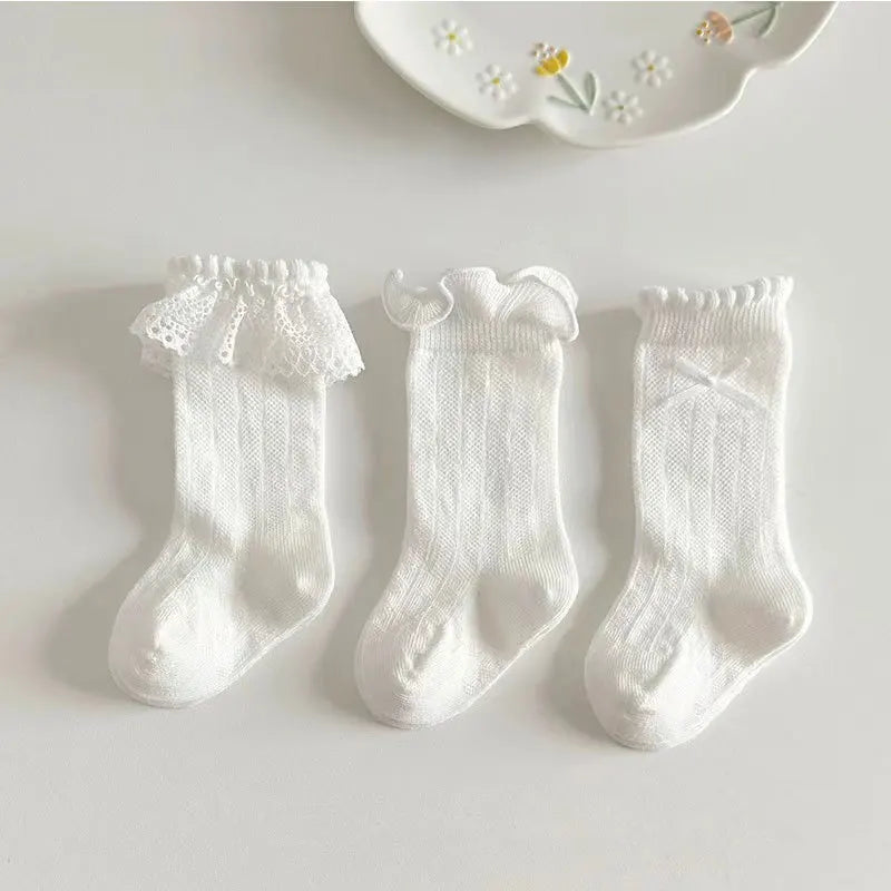 3Pair Lace Ruffle Princess Socks Kids Girl Summer Mesh Mosquito Proof Long Sock White Color Baby High Tube Stockings Footwear 양말