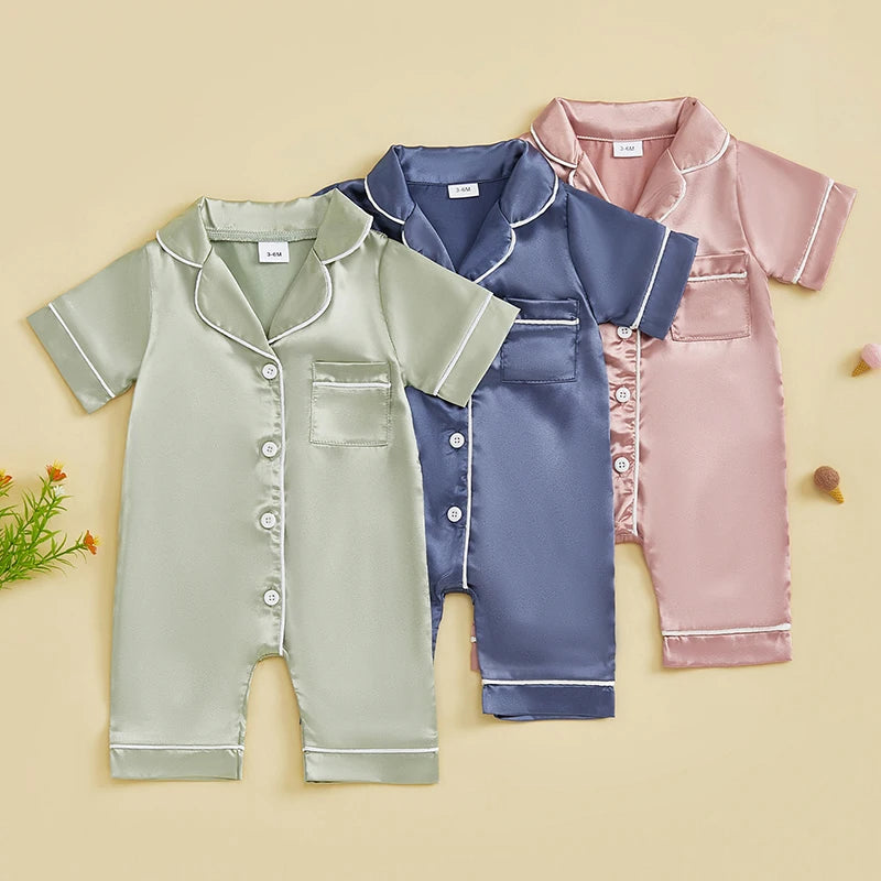 Baby Girls Boys Satin Pajamas Rompers Solid Color Turn Down Collar Short Sleeve Summer Bodysuits Jumpsuits Sleepwear