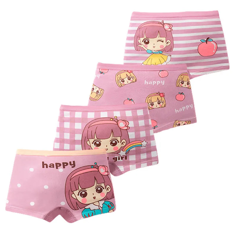 4 Packs Cotton Children Panties Girls Boxer Briefs Pink Cute Cartoon Kids Underwear Panty Antibacterial Breathable Girls Undies