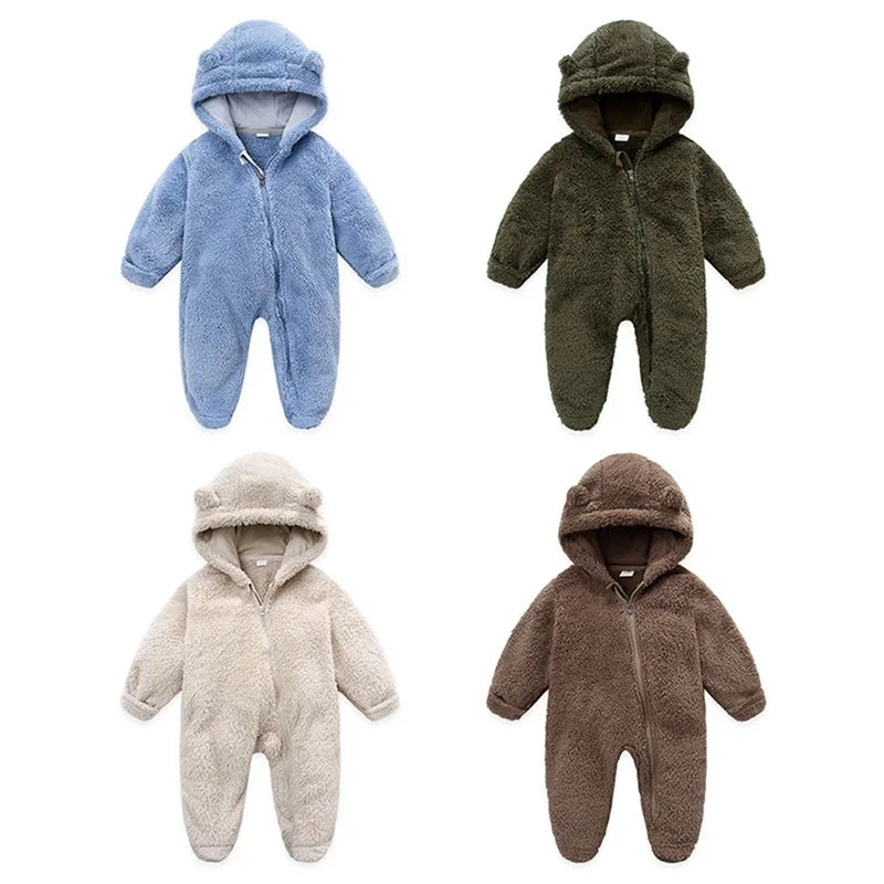 Baby Plush Rompers Autumn Newborn Boys Girls Long Sleeve Hooded Zipper Closure Jumpsuits Winter Warm Toddler Infant Outfits