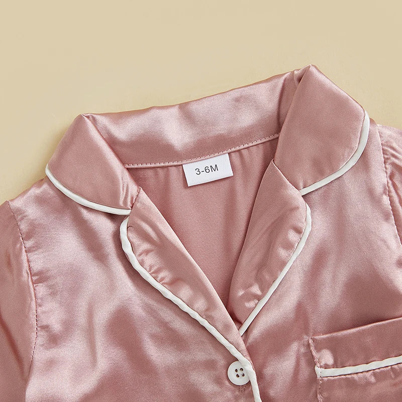 Baby Girls Boys Satin Pajamas Rompers Solid Color Turn Down Collar Short Sleeve Summer Bodysuits Jumpsuits Sleepwear