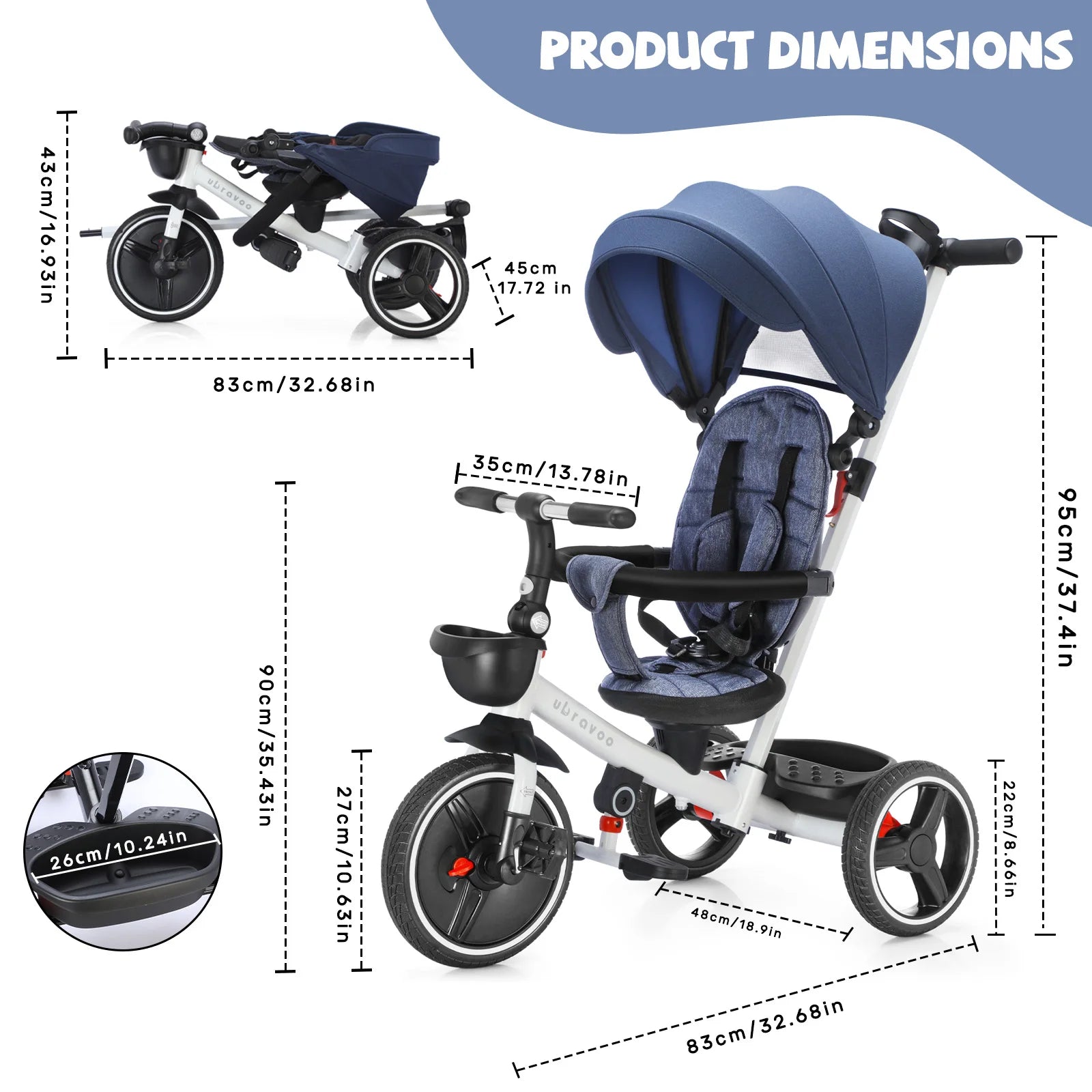 6-in-1 Baby Tricycle, Folding Kids Trike with Adjustable Parent Handle, Safety Harness, Wheel Brakes, and Removable Canopy