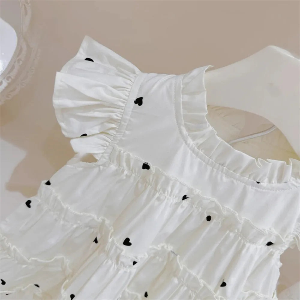 Summer Girls Sweet Cute Heart Print Sleeveless Layered Princess Dress 1 Pc 2-7 Years Kids Fashion Simple Casual Clothes