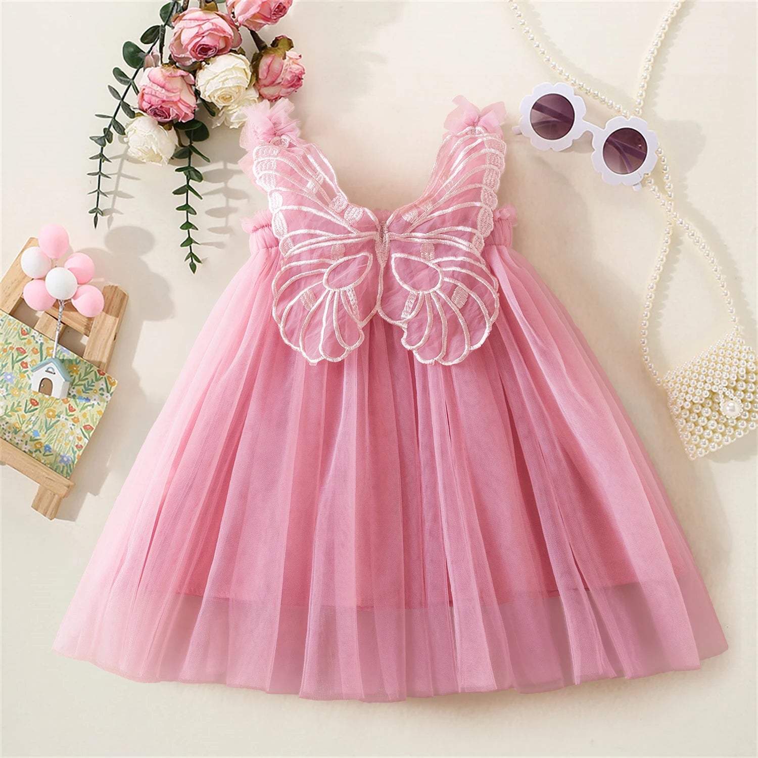 6M-5Y Summer Toddler Kid Baby Girls Tulle Dress Sweet Embroidery Flower Princess Dress for Girls Party Beach Holiday Clothing