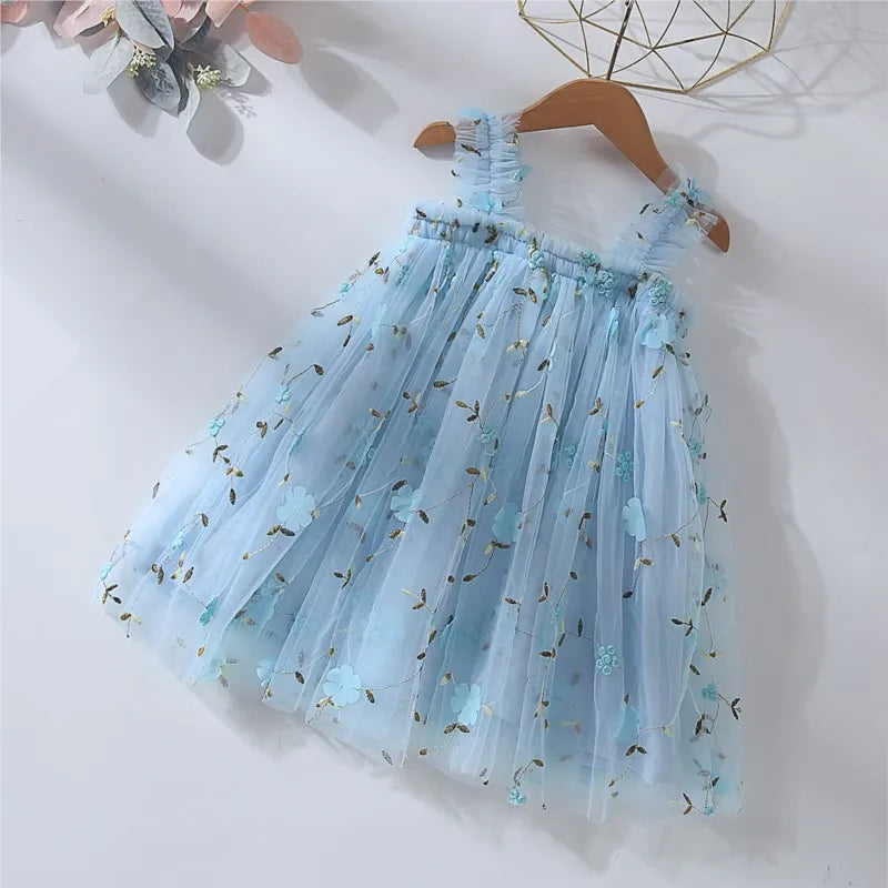 Baby Girl Princess 3D Flower Embroidery Strap Dress Sleeveless Infant Toddler Child Vestido Party Birthday Baby Clothes 1-7Y