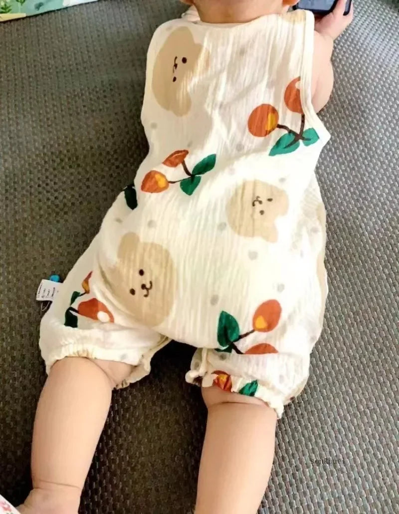 2024 Summer Baby Girls Romper Cartoon Bear Newborn Jumpsuits Infant Sleeveless Muslin Clothing for Boys Printed Outfits