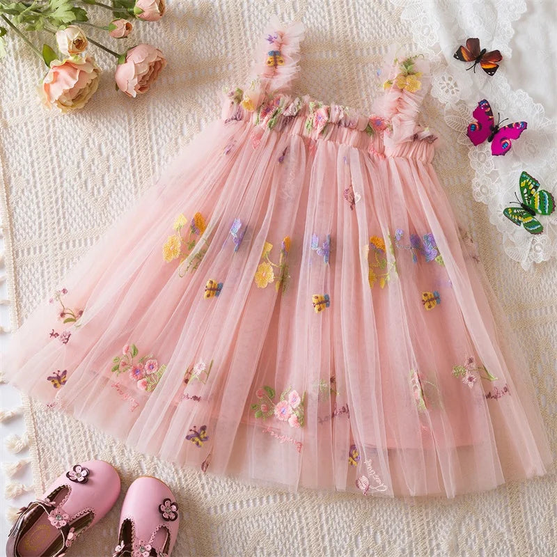 6M-5Y Summer Toddler Kid Baby Girls Tulle Dress Sweet Embroidery Flower Princess Dress for Girls Party Beach Holiday Clothing
