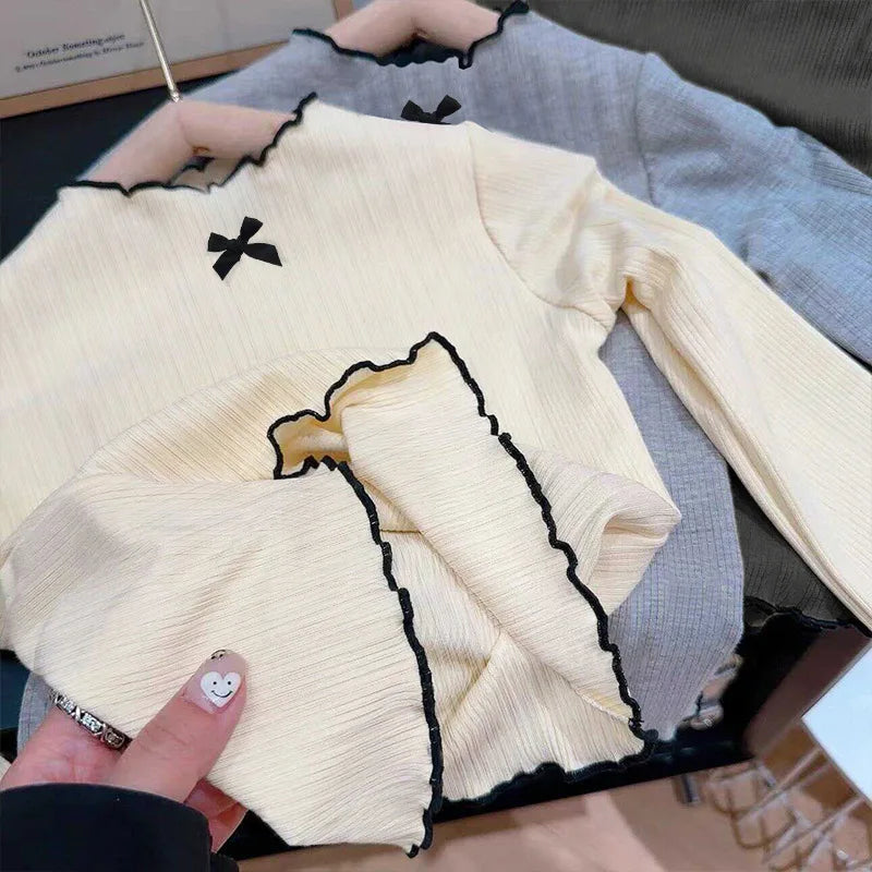 1 - 7Y Kids Girls Long Sleeve T-shirts Sweater with Ruffles and Bowknot Skin Friendly for Spring Autumn Baby Tops Undershirt