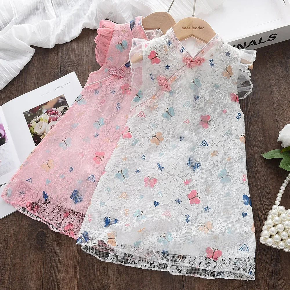 Girls Party Fashion Sleeveless Cute Butterfly Print Lace Princess Dress 1 Pc 2-7 Years Kids Summer Daily Casual Clothes