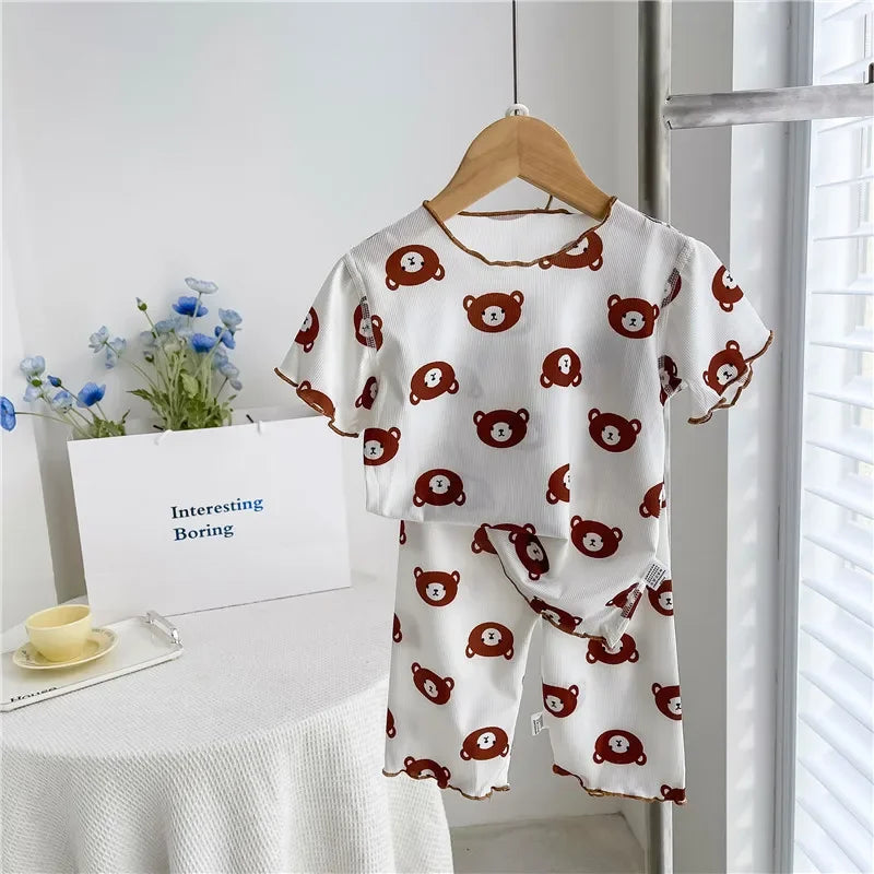 Summer Cute Girls Loungewear Baby Girl Floral Top Children's Short-sleeved Tops Pants Pajamas Two-piece Set Clothes