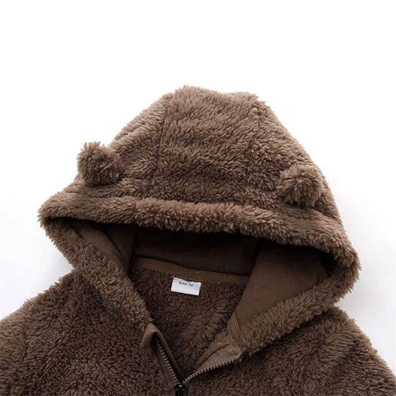 Baby Plush Rompers Autumn Newborn Boys Girls Long Sleeve Hooded Zipper Closure Jumpsuits Winter Warm Toddler Infant Outfits