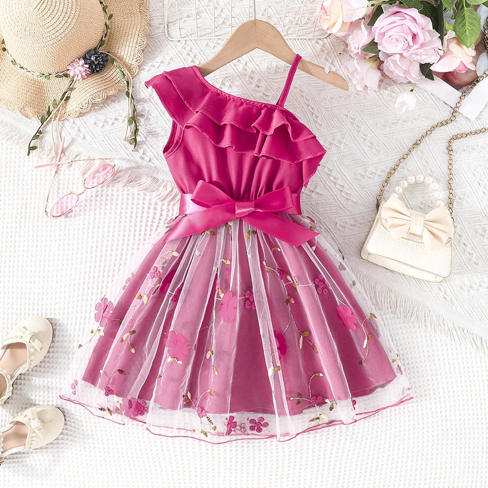 Summer Fashion Girls Party Dresses Baby Kids England Style Lotus Leaf Sloping Shoulder Suspender A-line Skirt Children Clothes