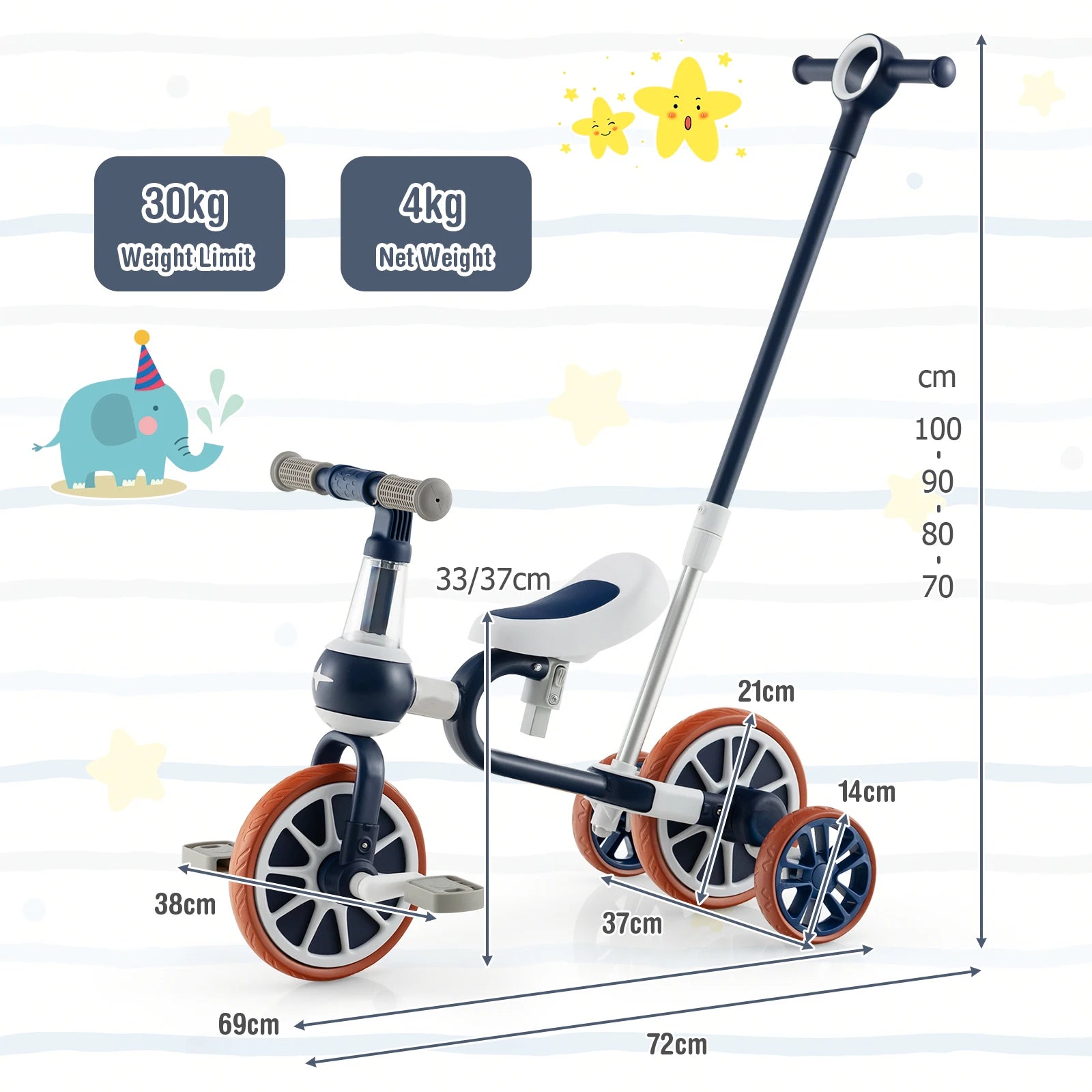DORTALA 4 in 1 Kids Tricycle Toddler Balance Bike Adjustable Parent Push Handle 4 wheels Blue
