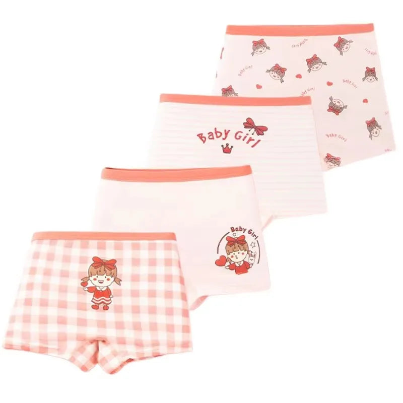 4 Packs Cotton Children Panties Girls Boxer Briefs Pink Cute Cartoon Kids Underwear Panty Antibacterial Breathable Girls Undies