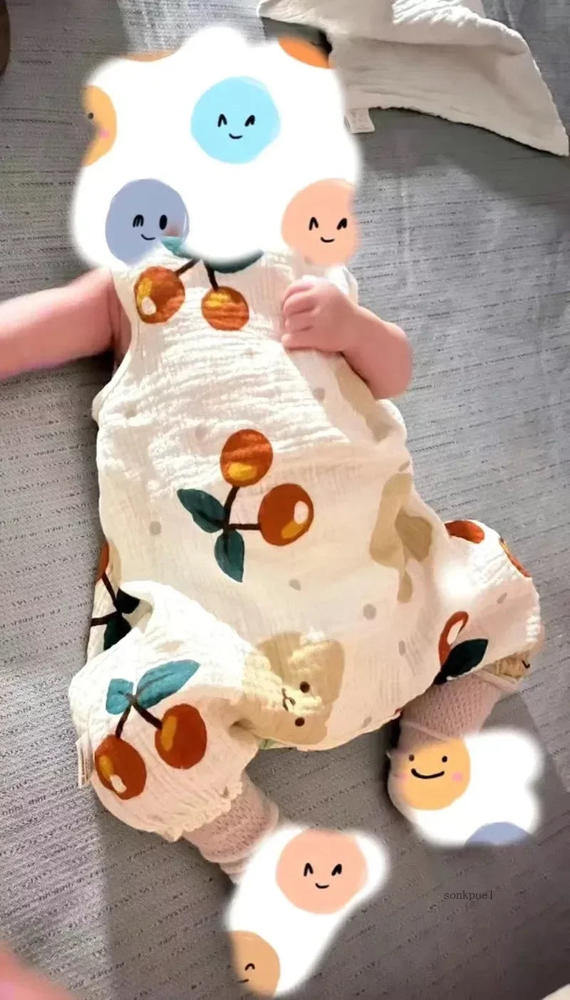 2024 Summer Baby Girls Romper Cartoon Bear Newborn Jumpsuits Infant Sleeveless Muslin Clothing for Boys Printed Outfits