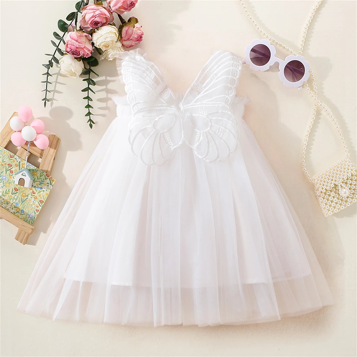 6M-5Y Summer Toddler Kid Baby Girls Tulle Dress Sweet Embroidery Flower Princess Dress for Girls Party Beach Holiday Clothing