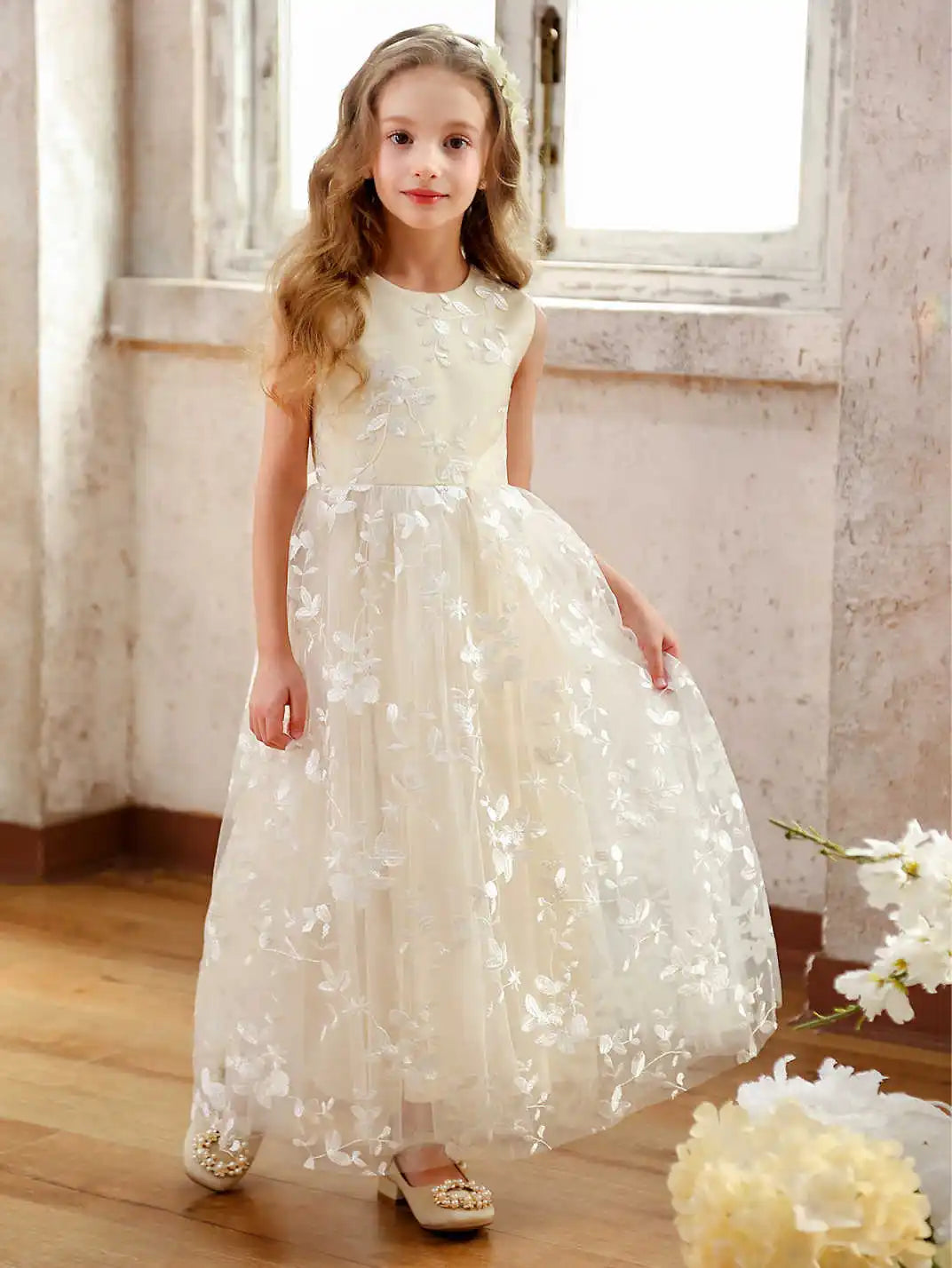 Girls Flower Girl Embroidery Flower Straight Dress Lace Daily Casual Elegant Princess Sleeveless Dresses