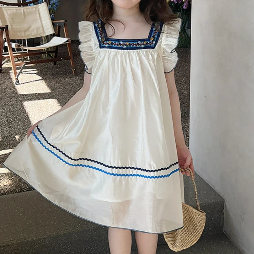 Casual Vacation Fashion Kids Clothes Summer New Ethnic Style Square Collar Flying Sleeve Baby Girls Dress