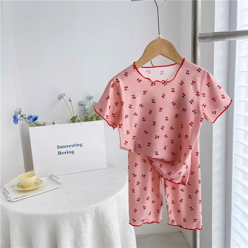 Summer Cute Girls Loungewear Baby Girl Floral Top Children's Short-sleeved Tops Pants Pajamas Two-piece Set Clothes