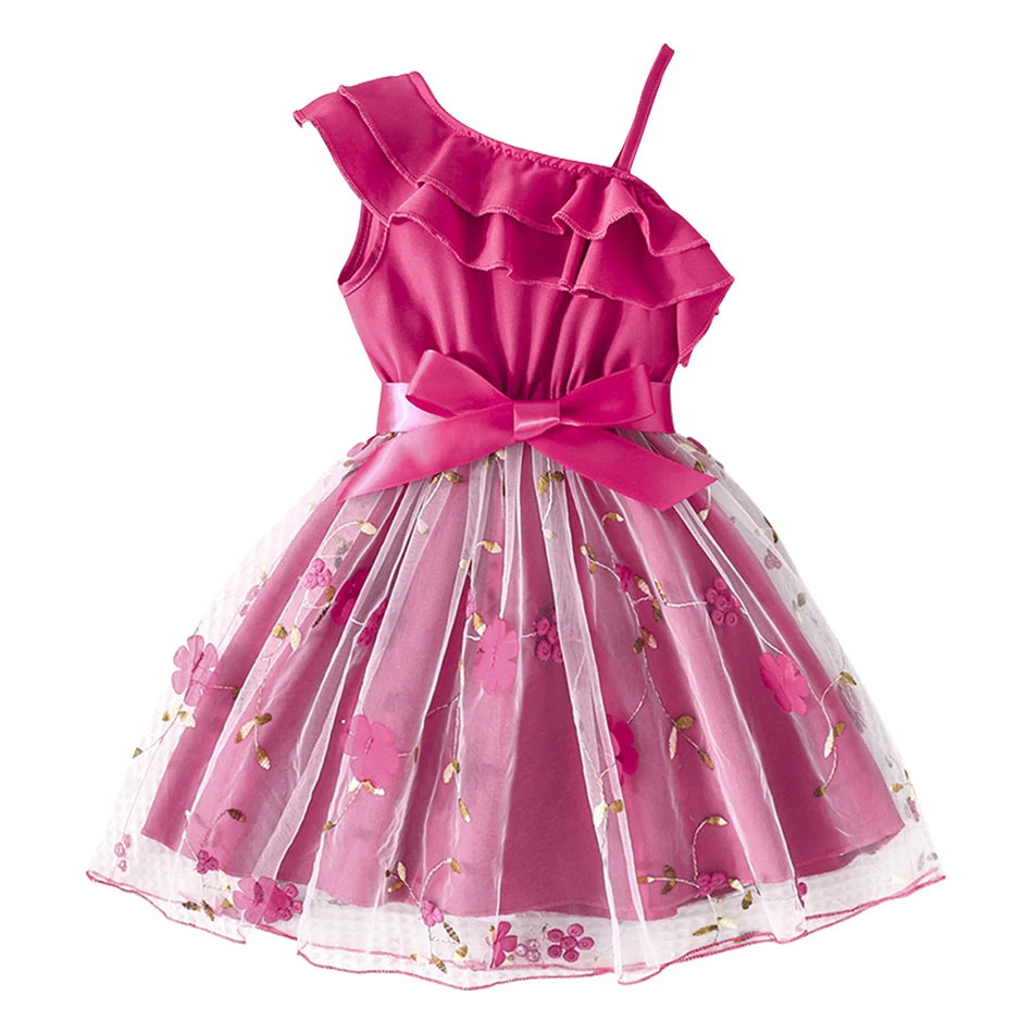 Summer Fashion Girls Party Dresses Baby Kids England Style Lotus Leaf Sloping Shoulder Suspender A-line Skirt Children Clothes