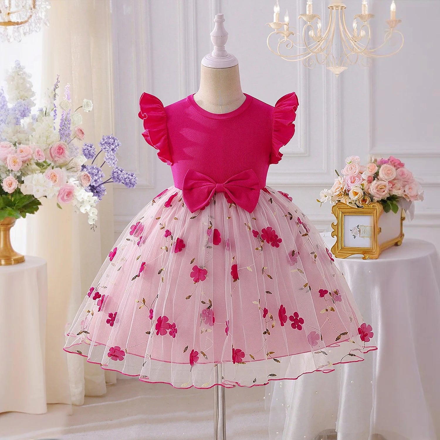 Baby Girls Summer Dresses for 3-8 Yrs Casual Embroidery Lace Mesh Princess Fairy Dress Kids Birthday Party Easter Dress for Girl