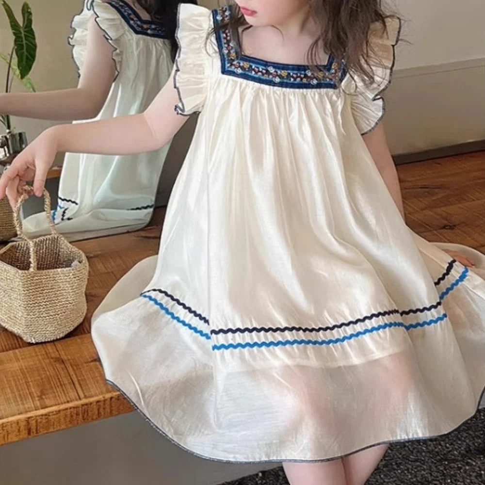 Casual Vacation Fashion Kids Clothes Summer New Ethnic Style Square Collar Flying Sleeve Baby Girls Dress