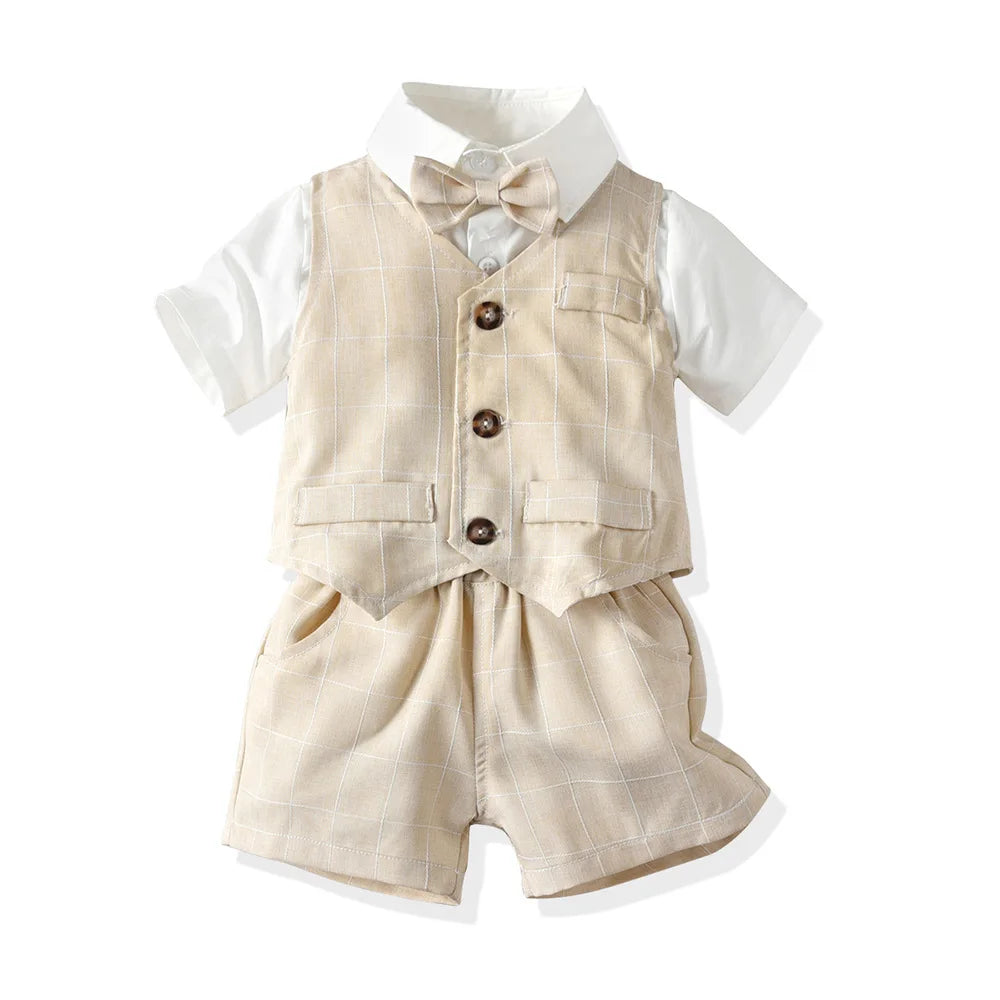 Summer New Children's Clothing European and American Striped Gentleman and Gentleman Short-sleeved Bow Slim Suit, Wholesale Deli