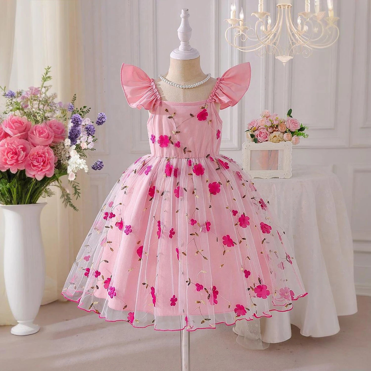 Baby Girls Summer Dresses for 3-8 Yrs Casual Embroidery Lace Mesh Princess Fairy Dress Kids Birthday Party Easter Dress for Girl