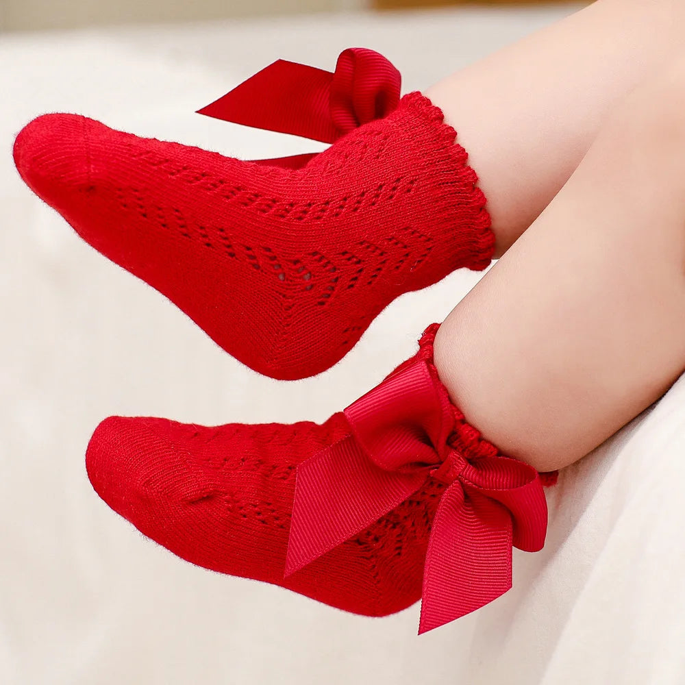 Baby Girls Socks With Big Bows Breathable Children Girl Short Socks Hollow Toddlers Kids Cotton Princess Cute Socks For 0-5Years