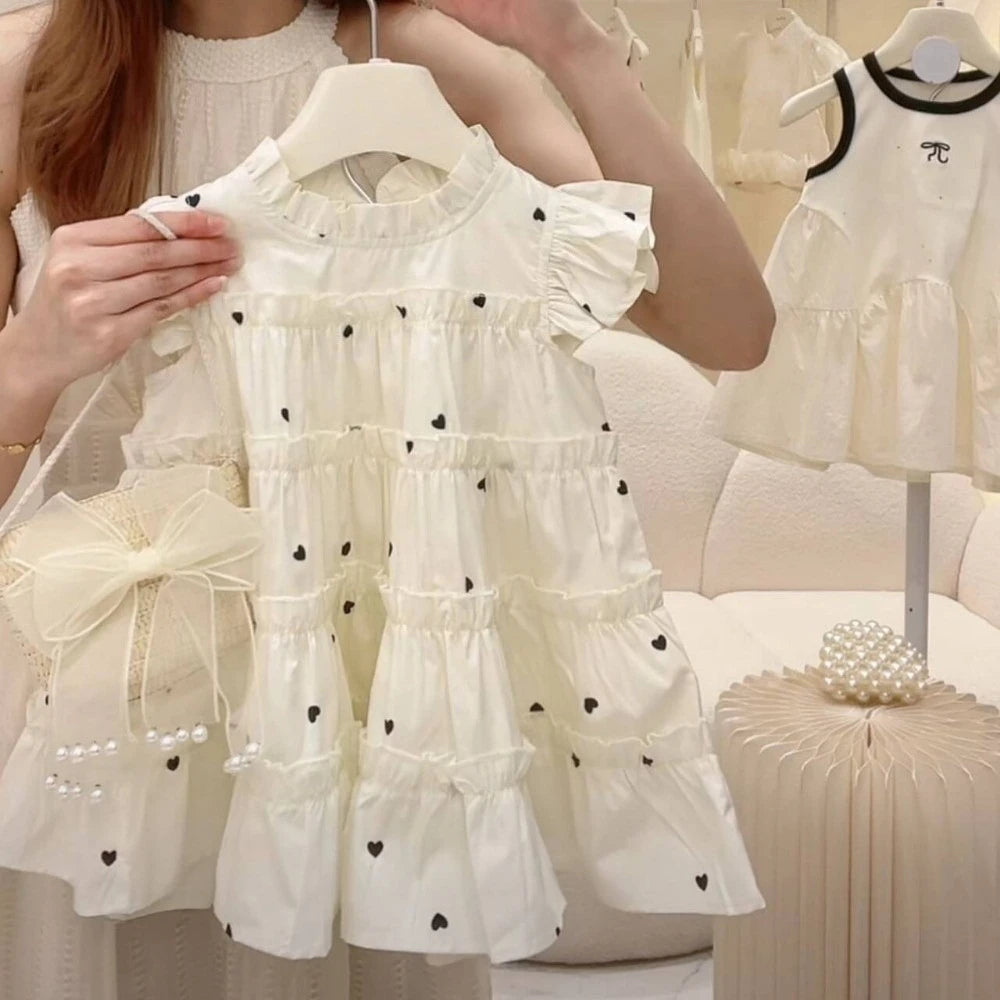 Summer Girls Sweet Cute Heart Print Sleeveless Layered Princess Dress 1 Pc 2-7 Years Kids Fashion Simple Casual Clothes