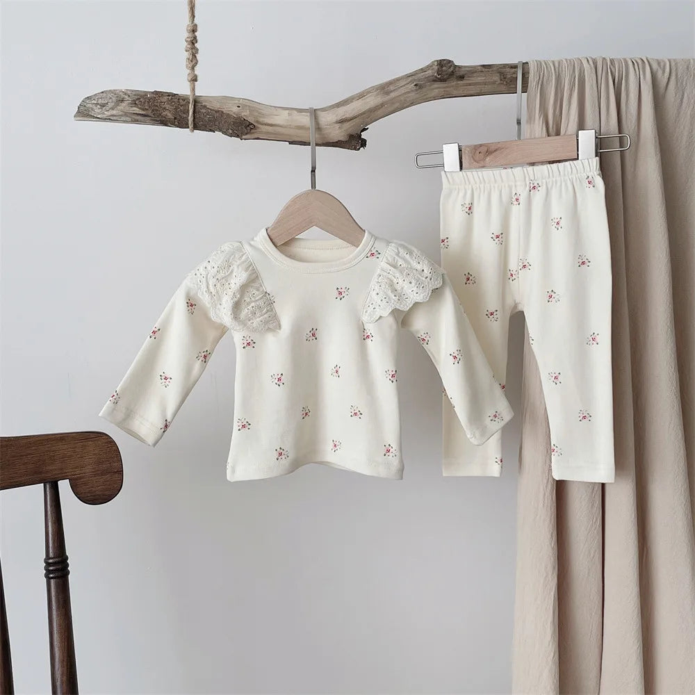 ﻿MILANCEL Spring Baby Pajamas Set Infant Girls Floral Lace Flying Sleeve Top+Pants 2Pcs Home Clothes Suit Toddler Long Johns