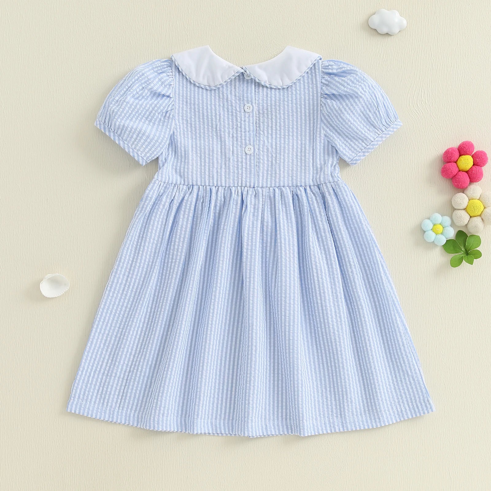 FOCUSNORM 0-7Y Little Kids Girls Summer Dress Short Puff Sleeve Stripe Print Sailing Embroidery Doll Collar A-Line Dress