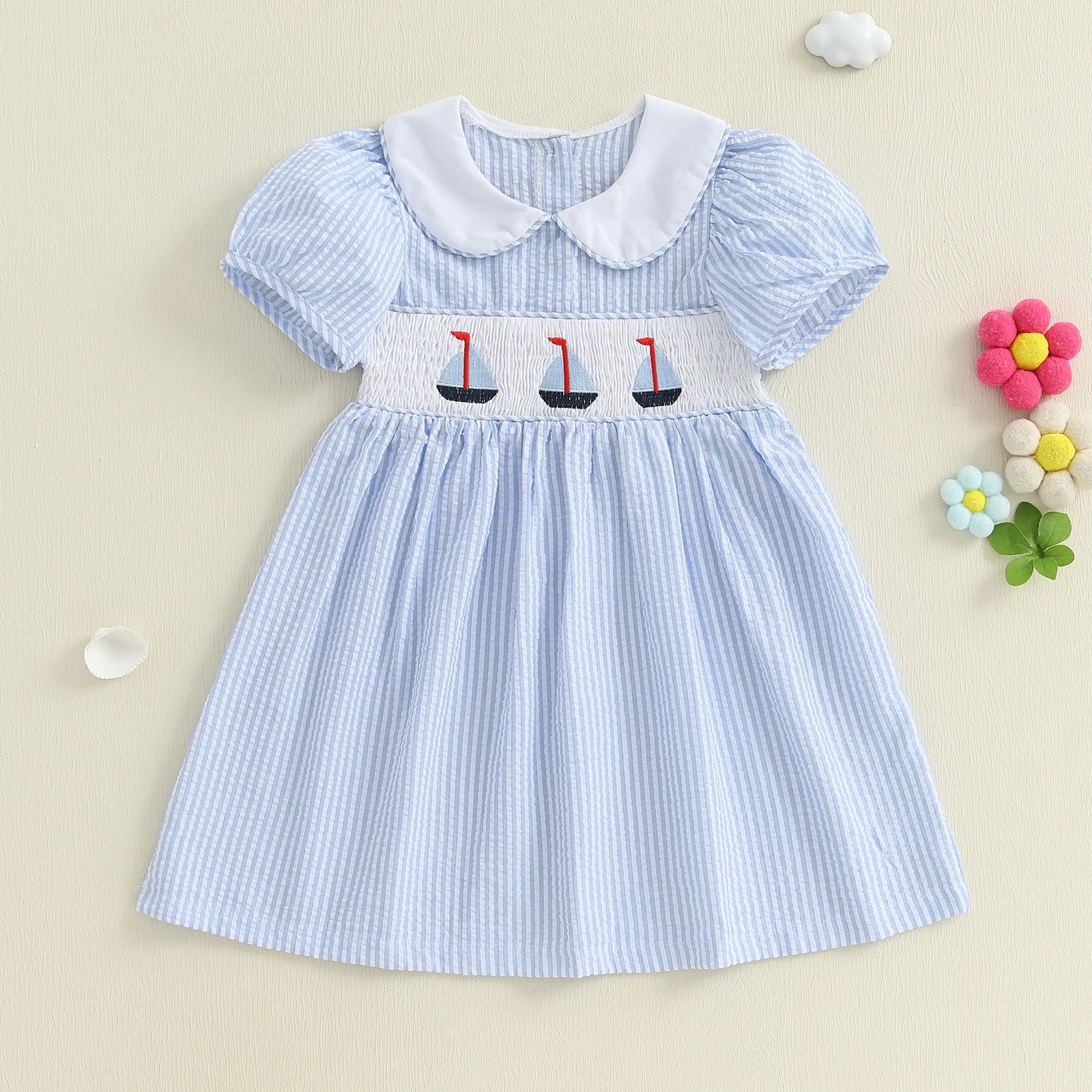 FOCUSNORM 0-7Y Little Kids Girls Summer Dress Short Puff Sleeve Stripe Print Sailing Embroidery Doll Collar A-Line Dress