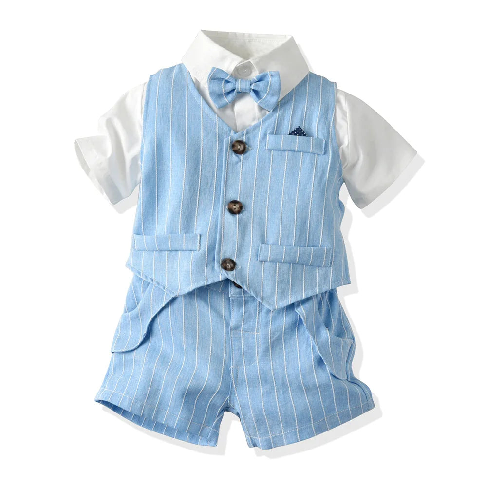 Summer New Children's Clothing European and American Striped Gentleman and Gentleman Short-sleeved Bow Slim Suit, Wholesale Deli