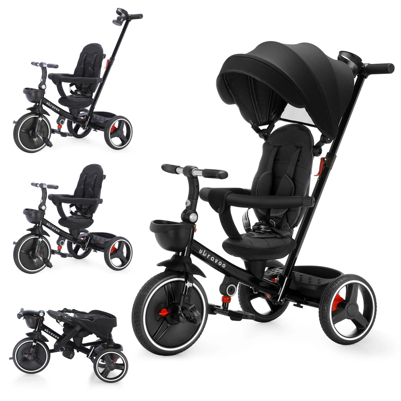6-in-1 Baby Tricycle, Folding Kids Trike with Adjustable Parent Handle, Safety Harness, Wheel Brakes, and Removable Canopy