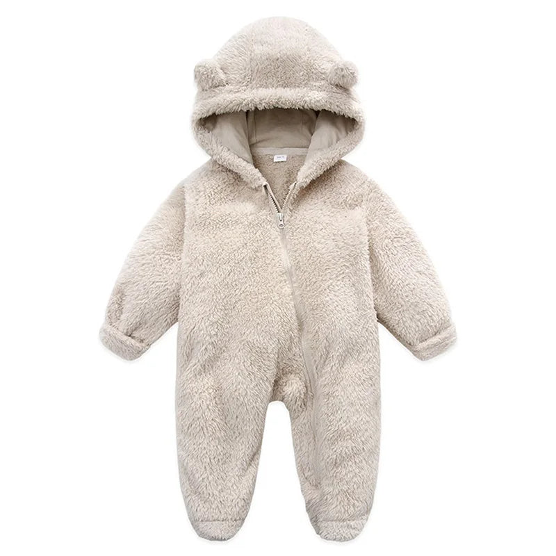 Baby Plush Rompers Autumn Newborn Boys Girls Long Sleeve Hooded Zipper Closure Jumpsuits Winter Warm Toddler Infant Outfits