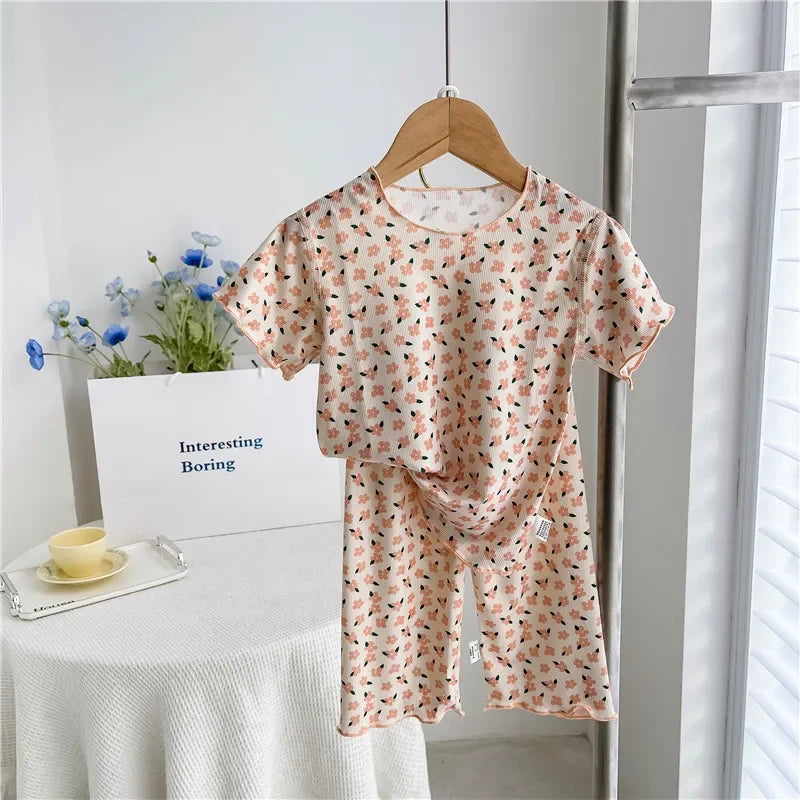 Summer Cute Girls Loungewear Baby Girl Floral Top Children's Short-sleeved Tops Pants Pajamas Two-piece Set Clothes