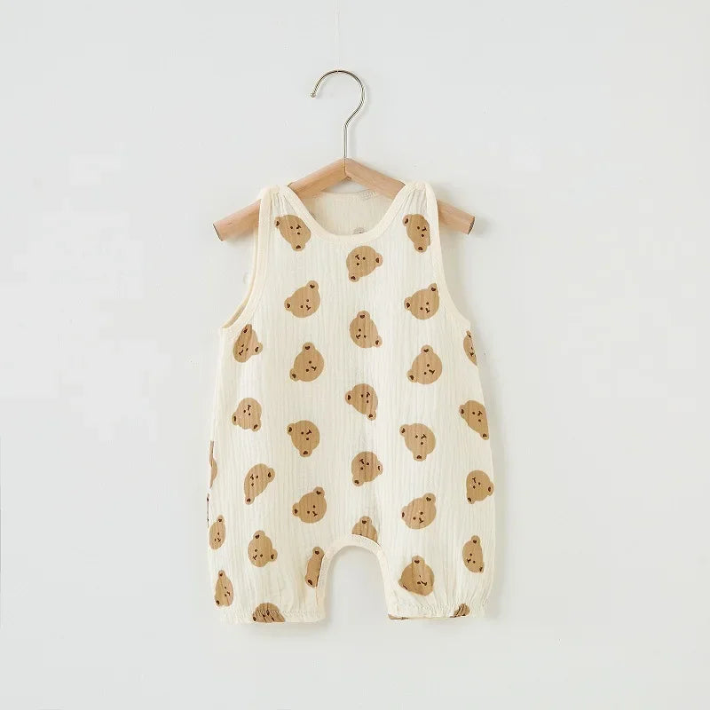 2024 Summer Baby Girls Romper Cartoon Bear Newborn Jumpsuits Infant Sleeveless Muslin Clothing for Boys Printed Outfits