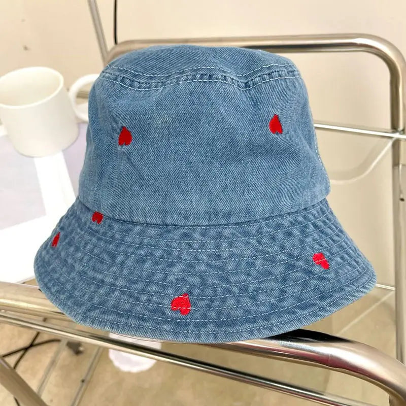 Embroidered Heart Cotton Summer Jeans Bucket Hat Cap For Women Spring Fisherman Hat Outdoor Travel Ladies Hat Gift Wholesales