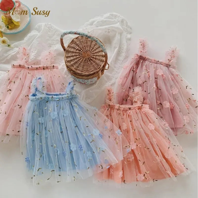Baby Girl Princess 3D Flower Embroidery Strap Dress Sleeveless Infant Toddler Child Vestido Party Birthday Baby Clothes 1-7Y