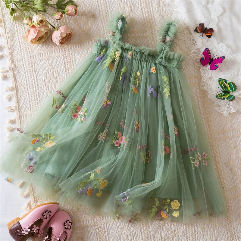 6M-5Y Summer Toddler Kid Baby Girls Tulle Dress Sweet Embroidery Flower Princess Dress for Girls Party Beach Holiday Clothing