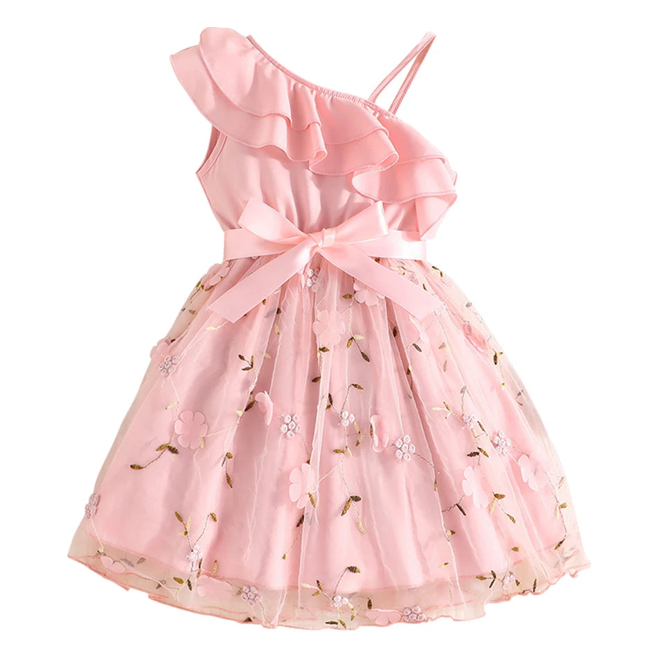 Summer Fashion Girls Party Dresses Baby Kids England Style Lotus Leaf Sloping Shoulder Suspender A-line Skirt Children Clothes